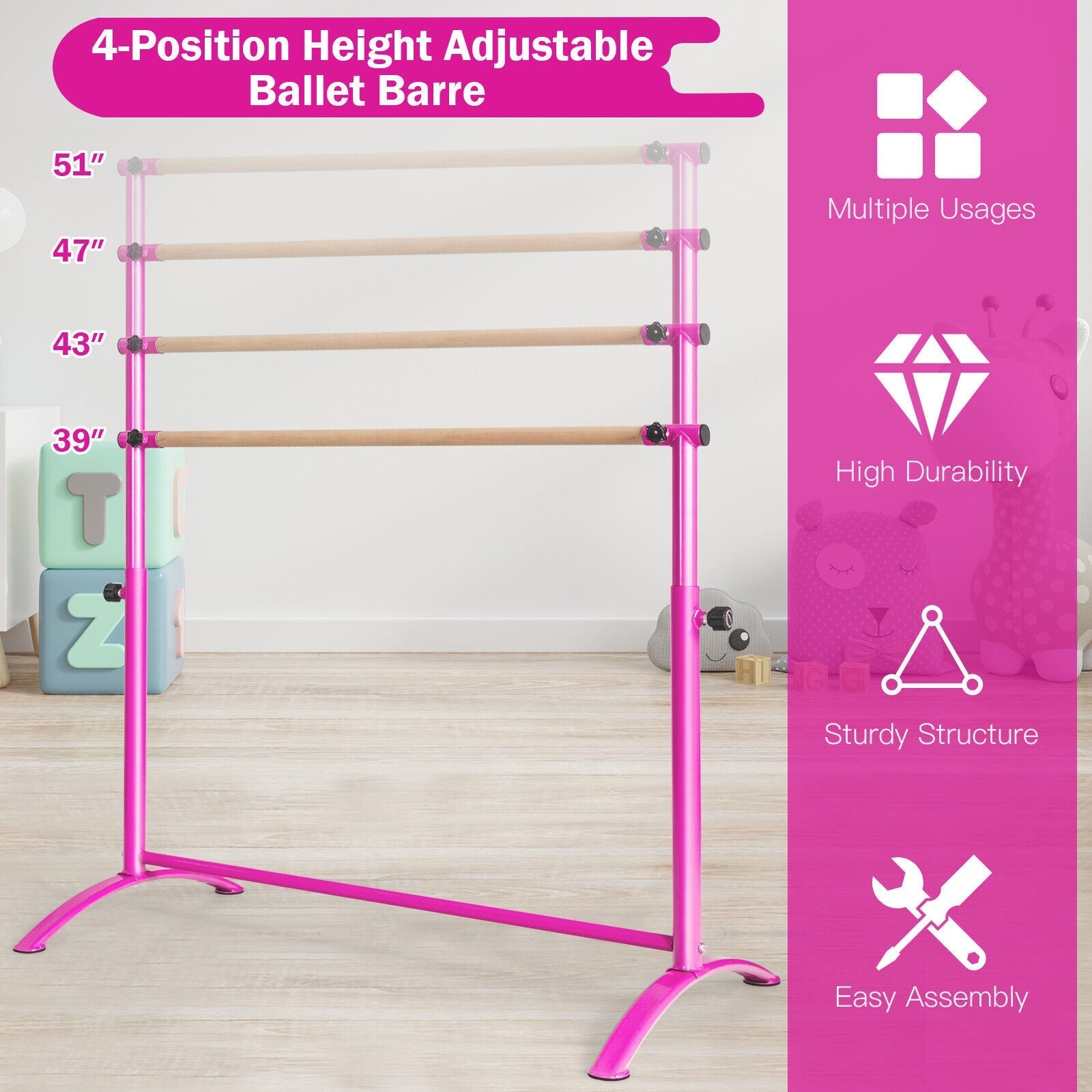 51 Inch Ballet Barre Bar with 4-Position Adjustable Height