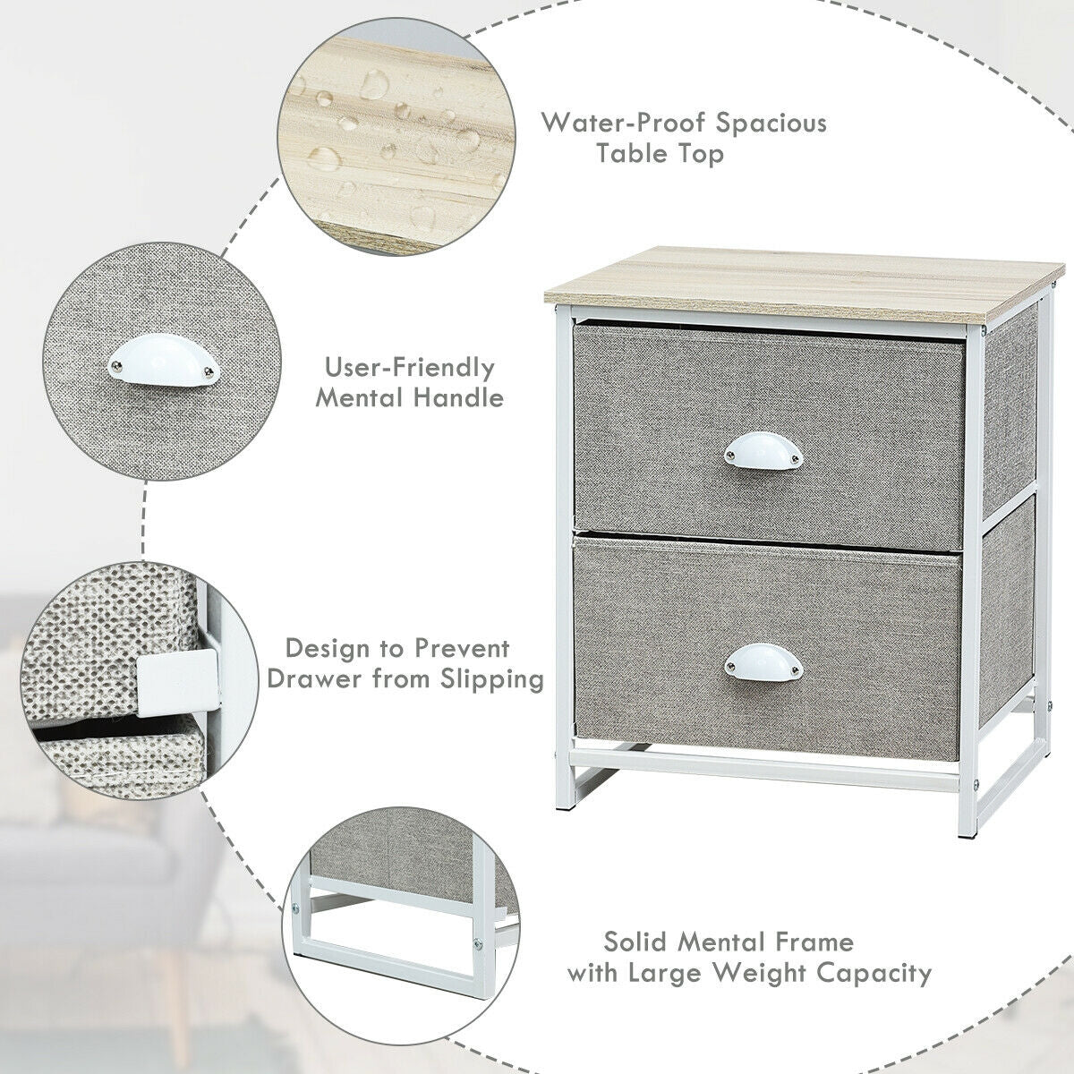 Metal Frame Nightstand Side Table Storage with 2 Drawers-Gray