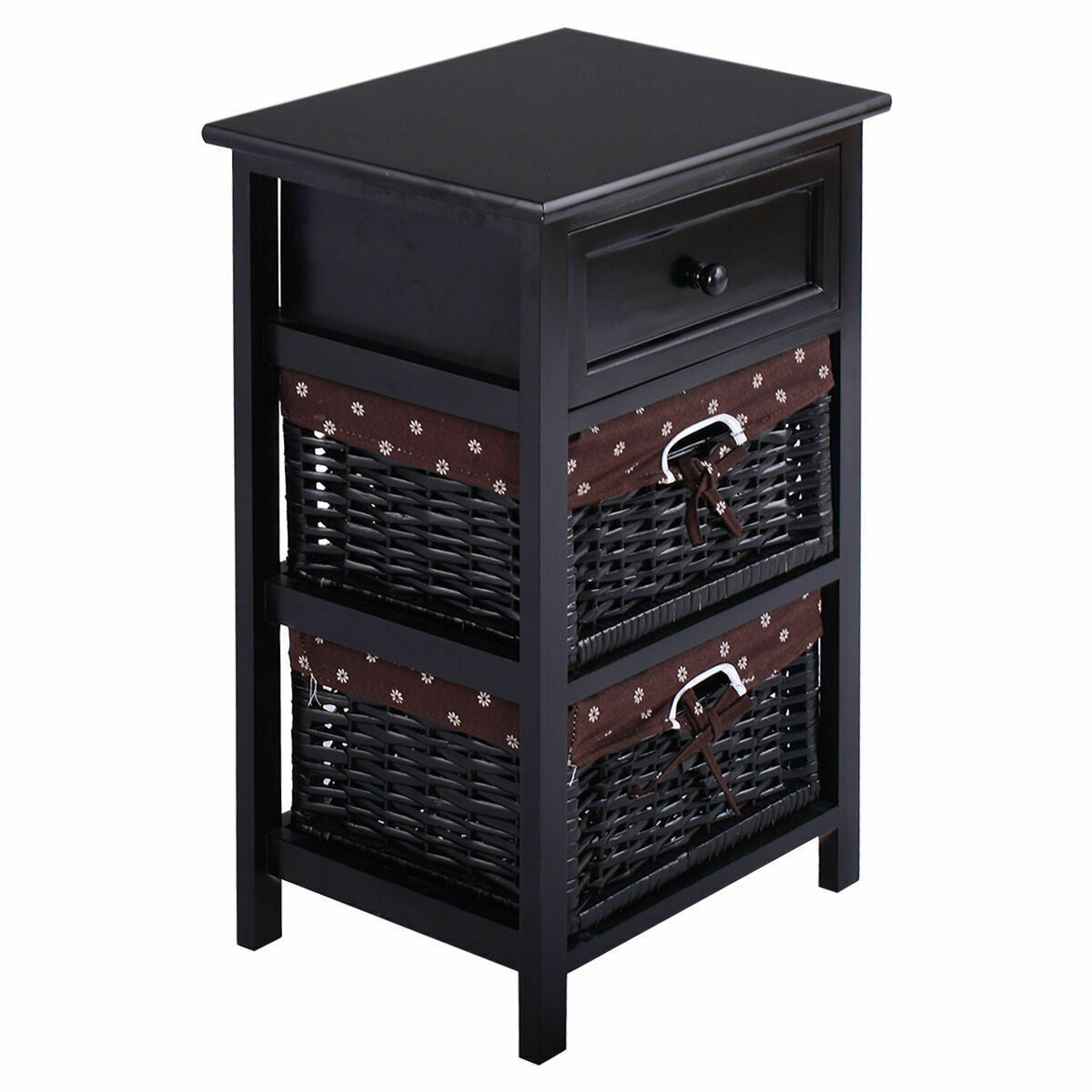 3 Tier Set of 2 Wood Nightstand with 1 and 2 Drawer