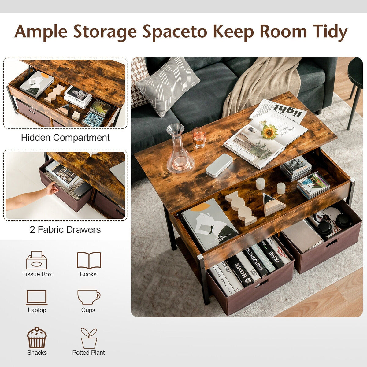 Lift Top Coffee Table Central Table with Drawers and Hidden Compartment for Living Room