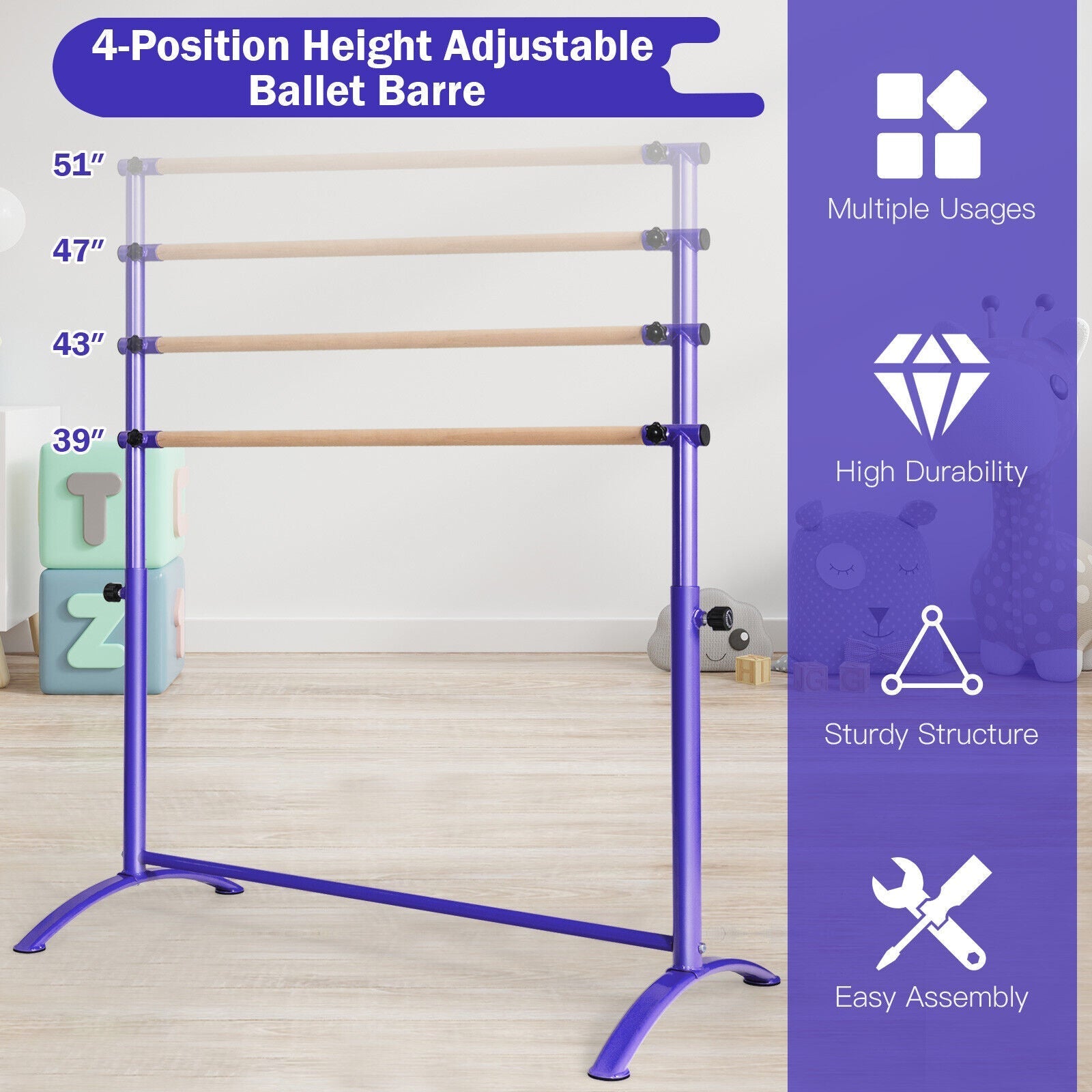 51 Inch Ballet Barre Bar with 4-Position Adjustable Height