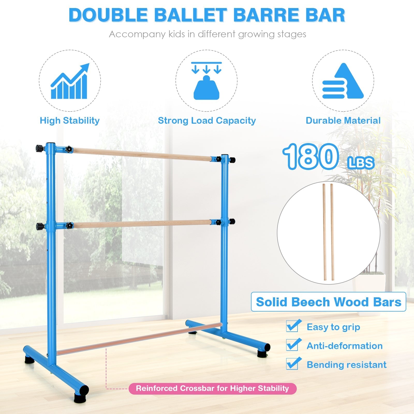47 Inch Double Ballet Barre with Anti-Slip Footpads