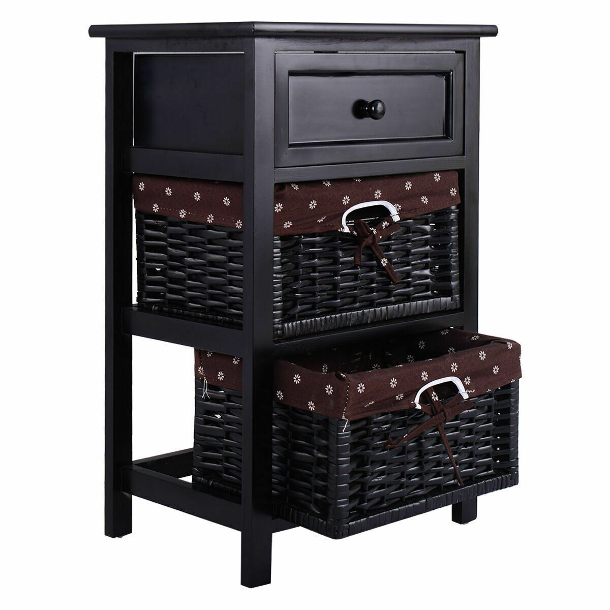 3 Tier Set of 2 Wood Nightstand with 1 and 2 Drawer