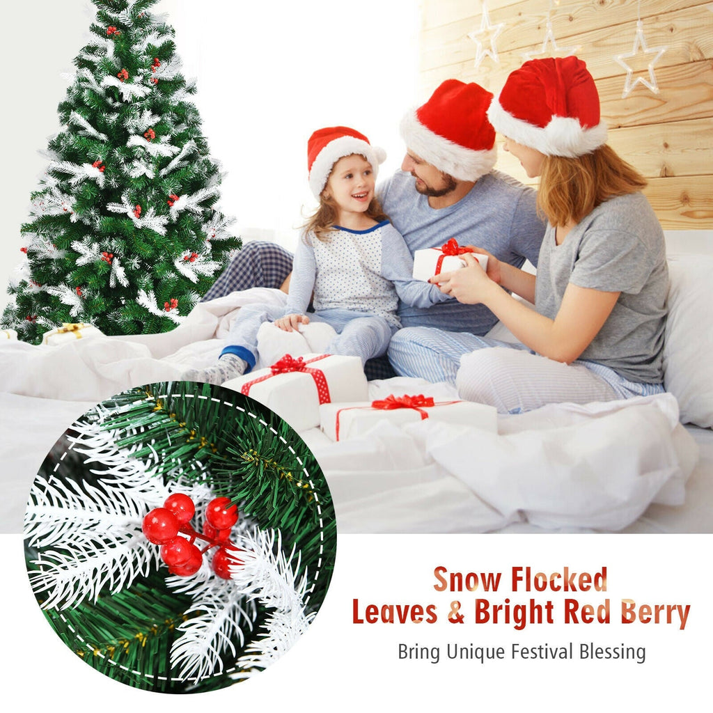 Unlit Snowy Hinged Christmas Tree with Mixed Tips and Red Berries