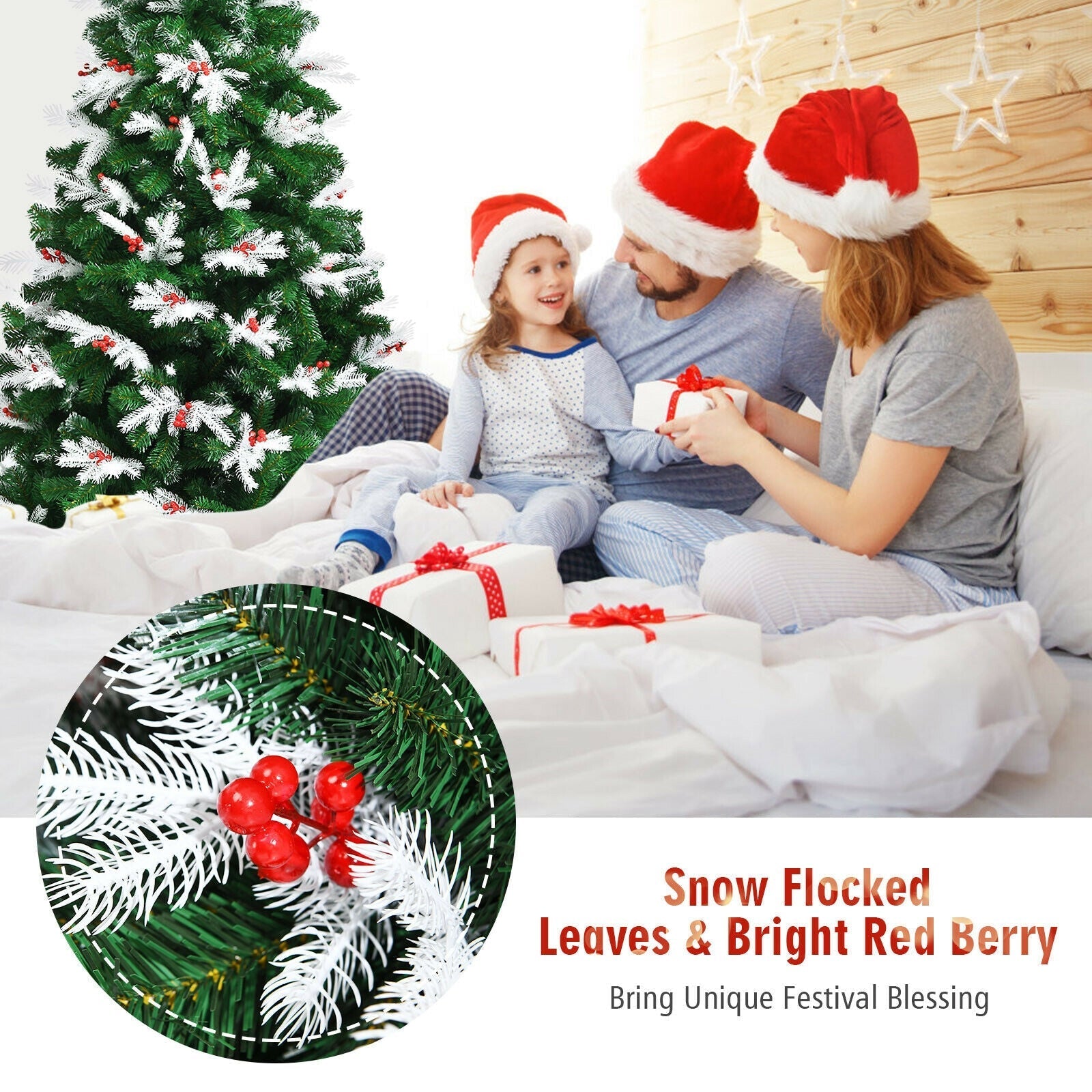 Unlit Snowy Hinged Christmas Tree with Mixed Tips and Red Berries