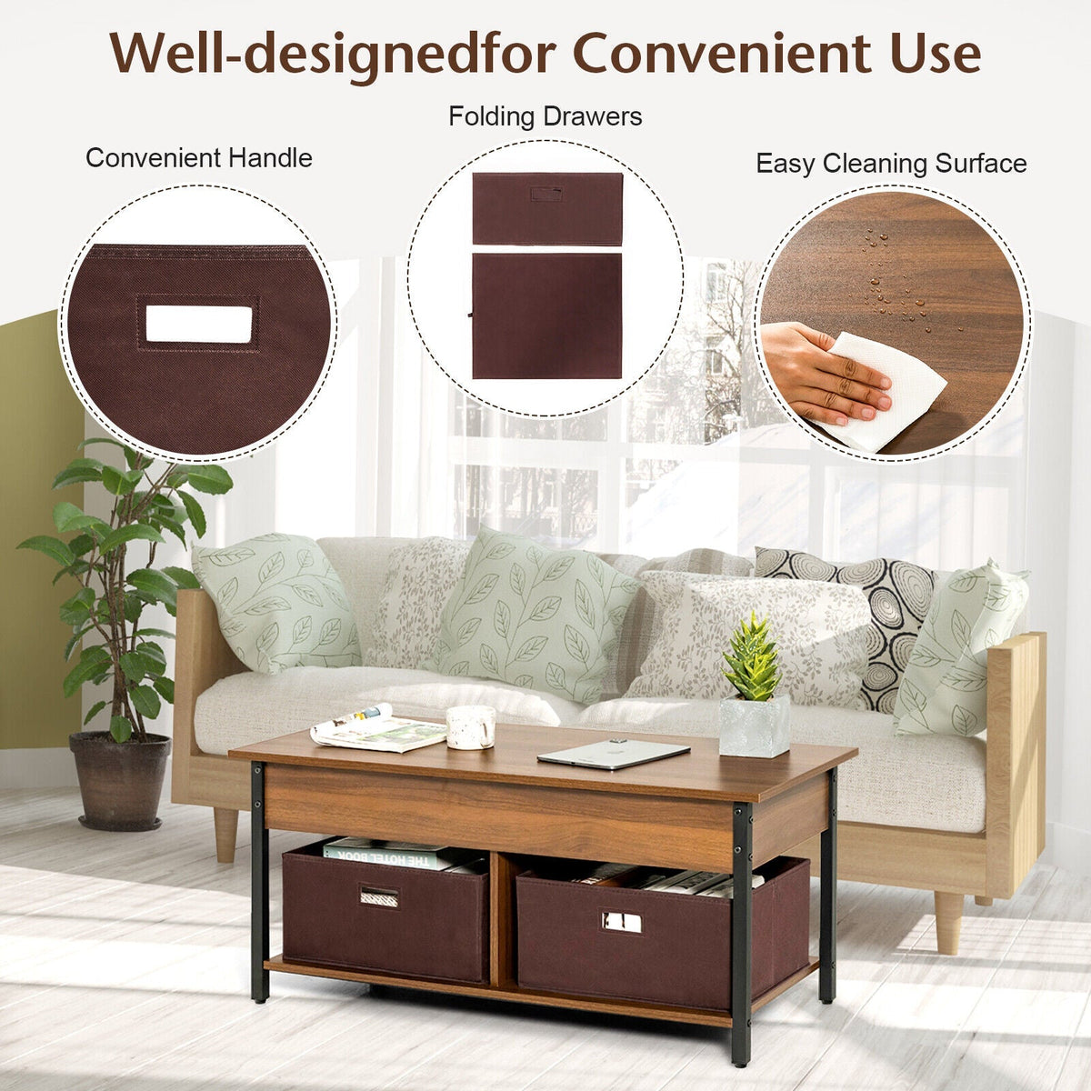 Lift Top Coffee Table Central Table with Drawers and Hidden Compartment for Living Room