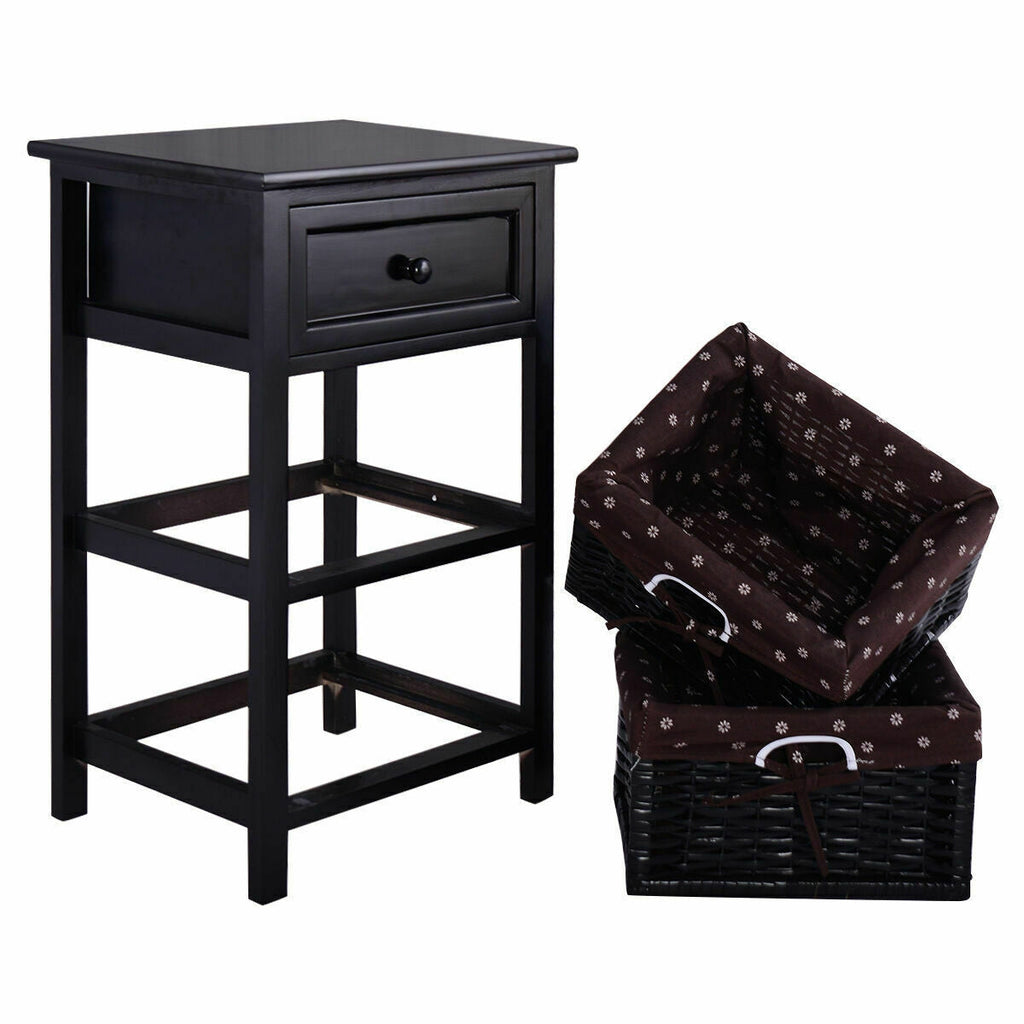 3 Tier Set of 2 Wood Nightstand with 1 and 2 Drawer