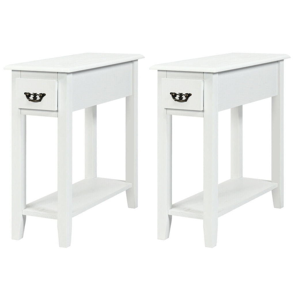 2 Pieces 2 Tier Sofa Side End Table with Drawer and Open Shelf