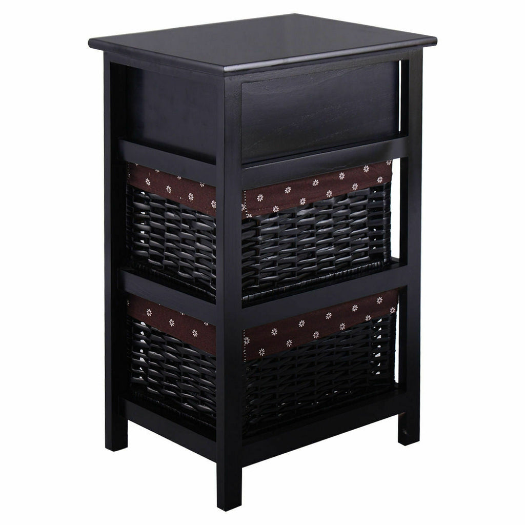 3 Tier Set of 2 Wood Nightstand with 1 and 2 Drawer