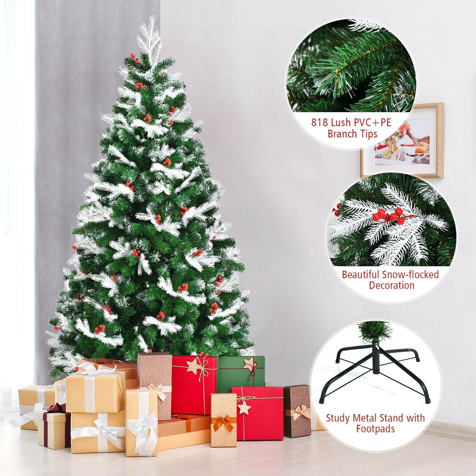 Unlit Snowy Hinged Christmas Tree with Mixed Tips and Red Berries
