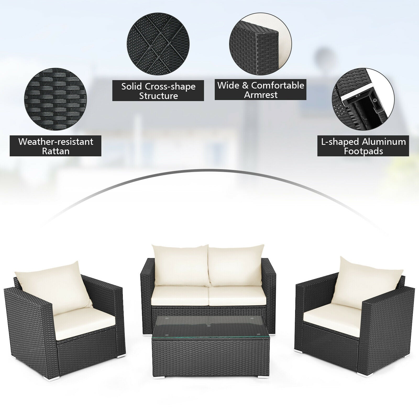4 Pieces Patio Rattan Conversation Set with Cushions and Coffee Table-Black