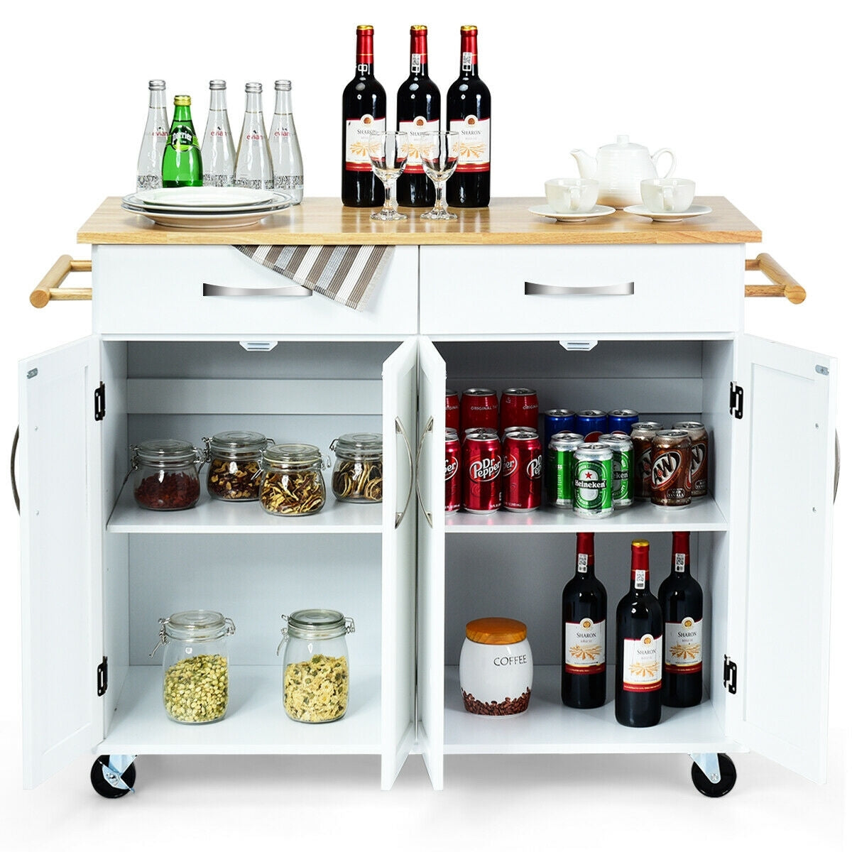 Wood Top Rolling Kitchen Trolley Island Cart Storage Cabinet