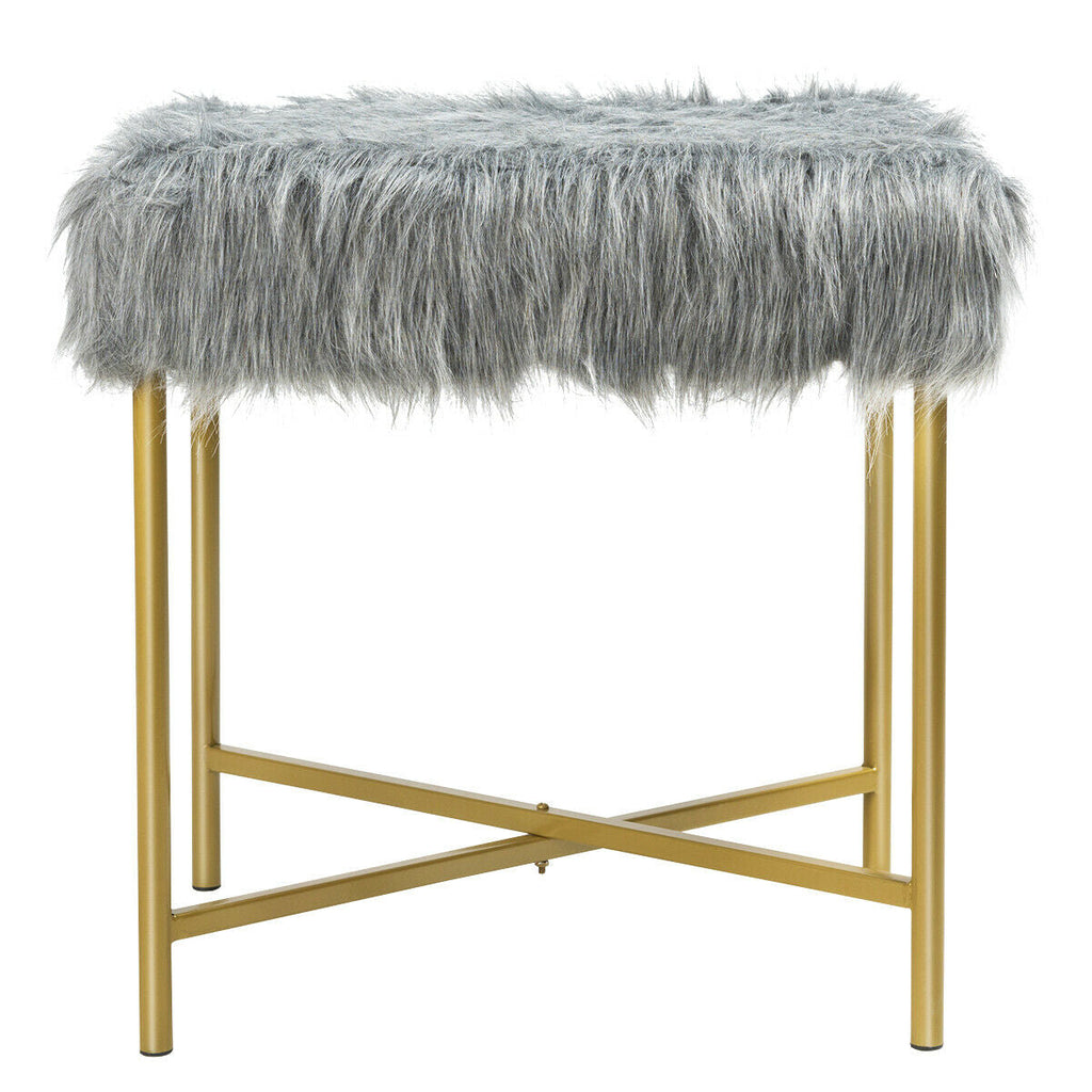 Faux Fur Ottoman Decorative Stool with Metal Legs