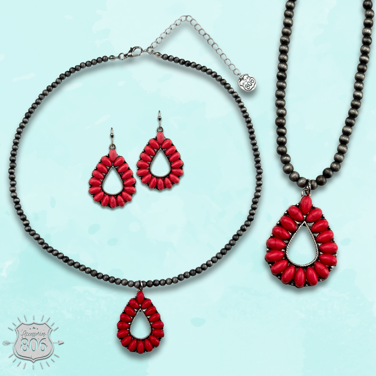 Open stone teardrop necklace set, last call