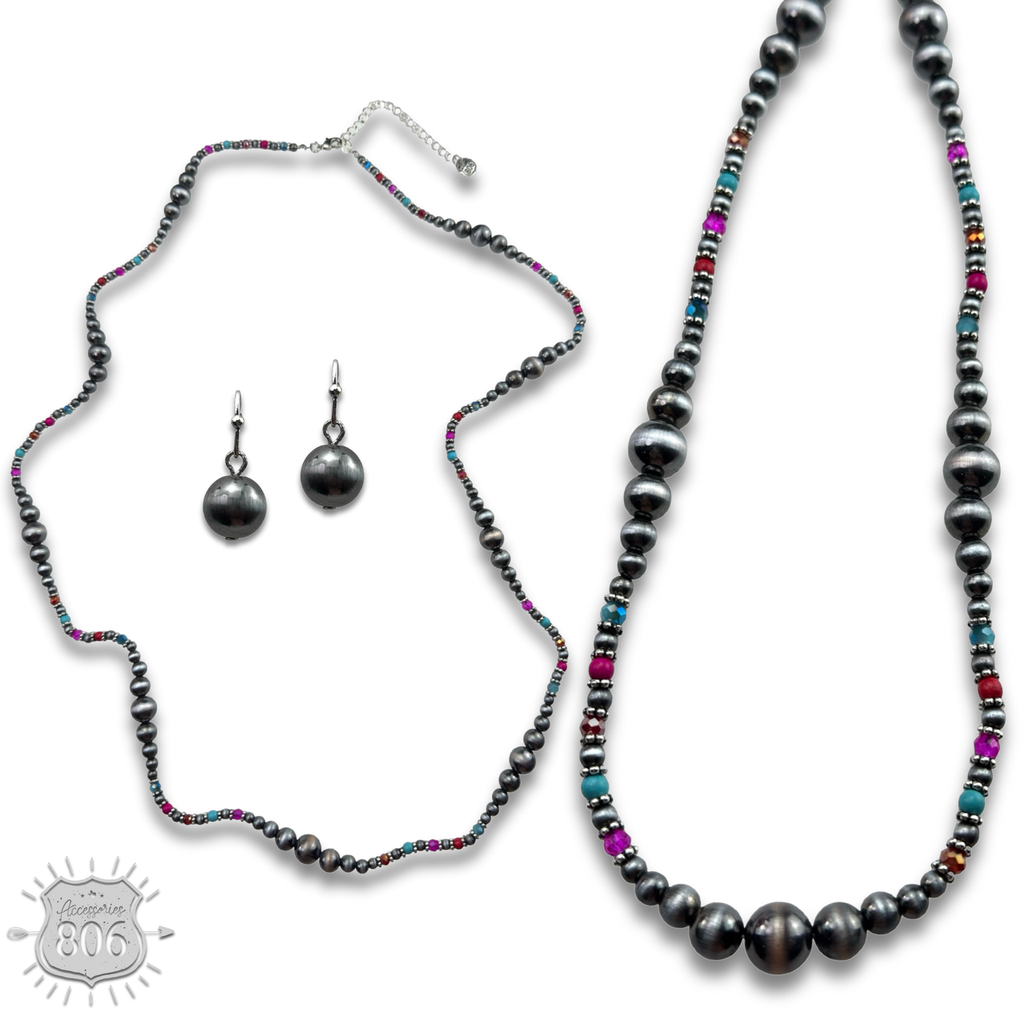 Burnished bead long necklace set