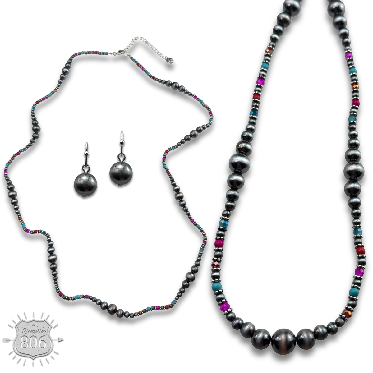 Burnished bead long necklace set