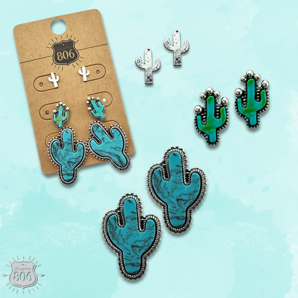Turquoise and silver cactus earring set