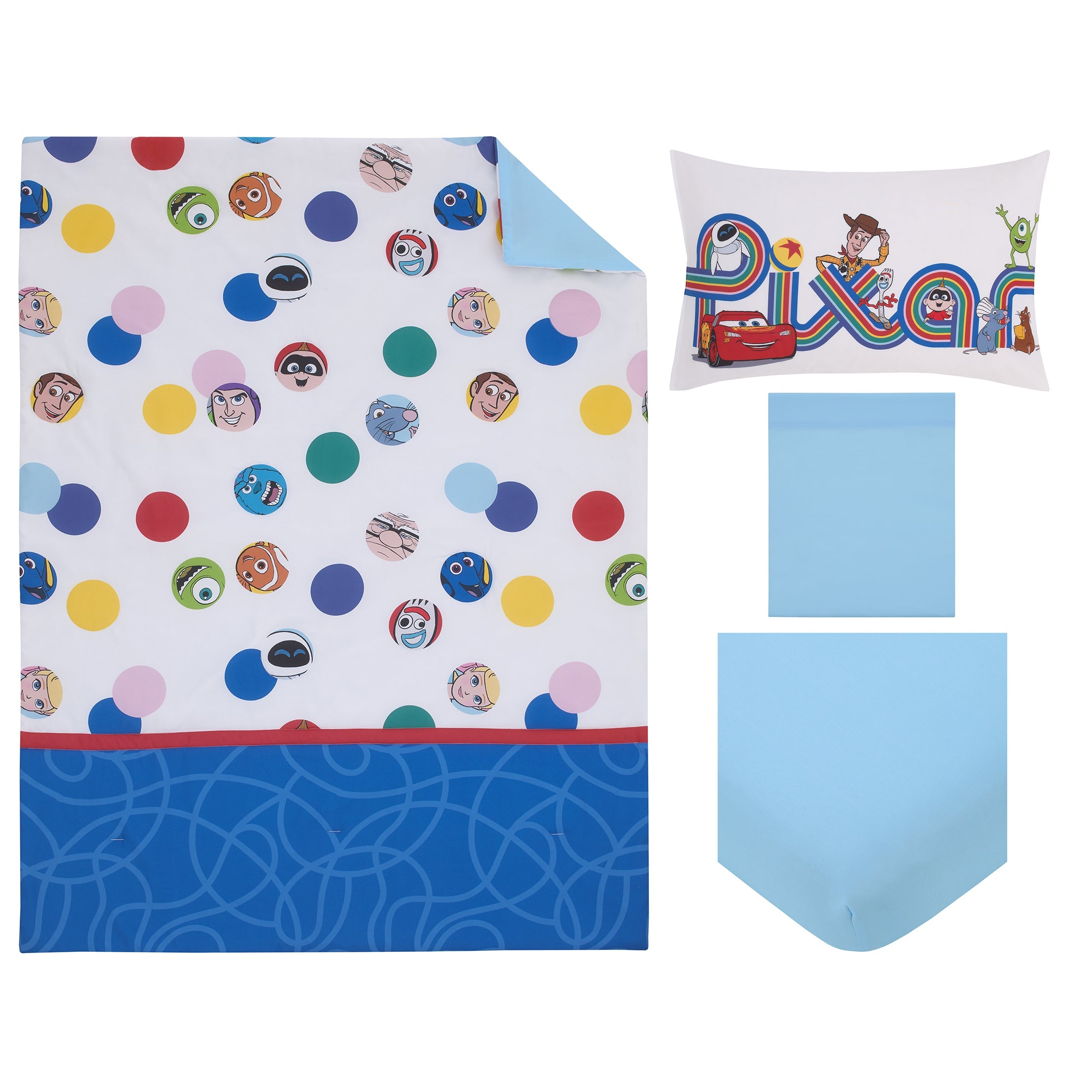 Choose Happy Pixar Friends Multi-Colored 4 Piece Toddler Bed Set - Comforter, Fitted Bottom Sheet, Flat Top Sheet, and Reversible Pillowcase
