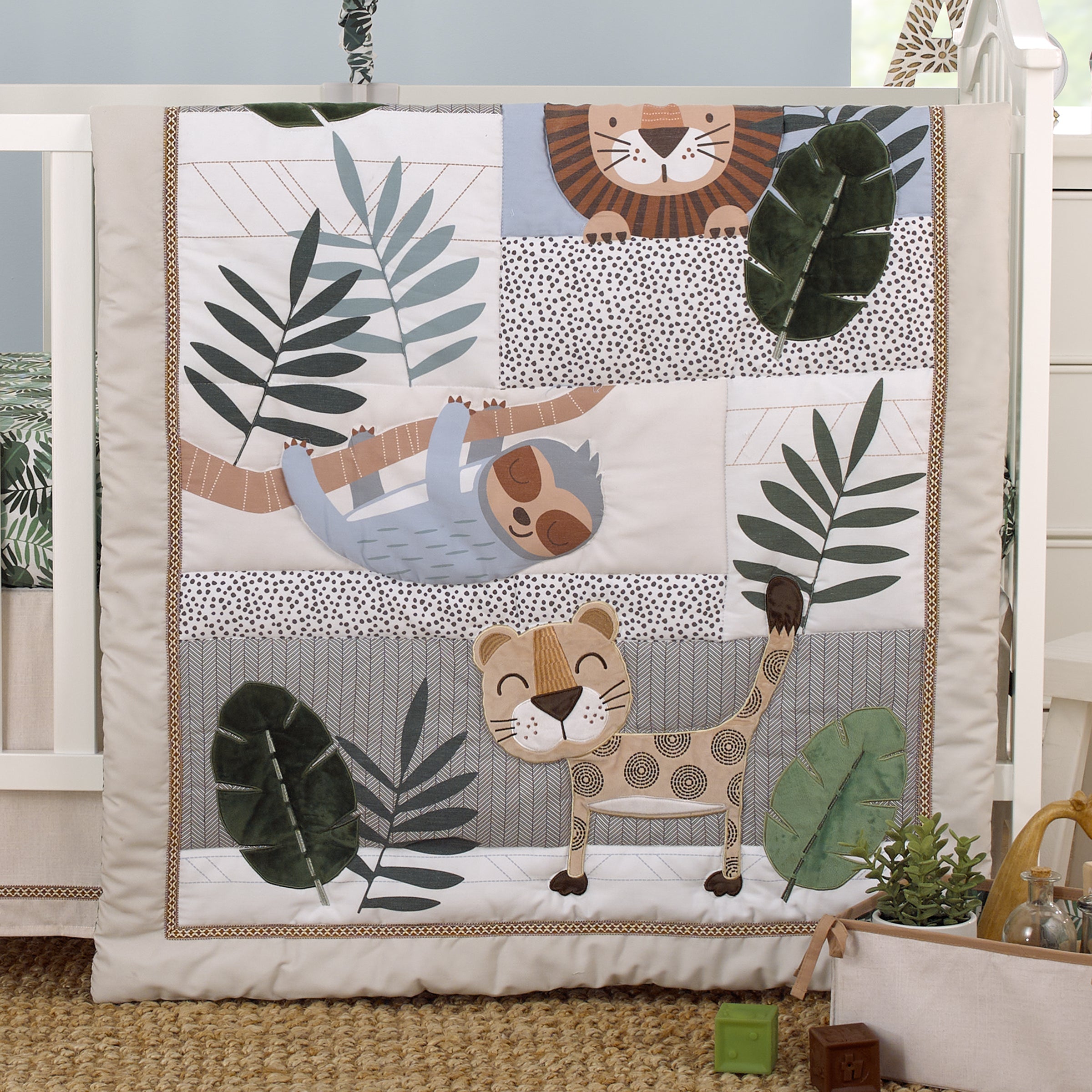 Jungle Paradise Green, Gray, and Tan Lion, Sloth, and Leopard Palm Leaf 4 Piece Nursery Crib Bedding Set - Comforter, 100% Cotton Fitted Sheet, Crib Skirt, and Storage Caddy