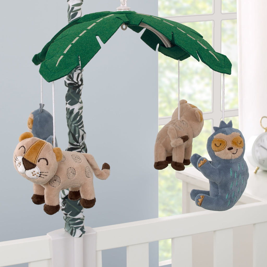Jungle Paradise Green, Gray, and Tan Plush Leopard and Sloth Musical Mobile