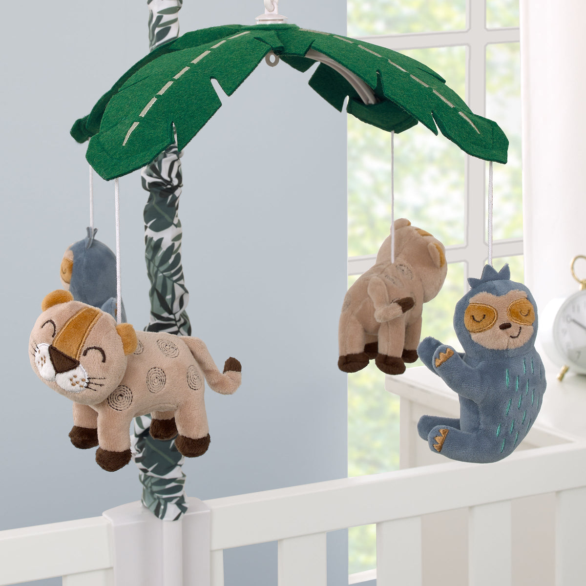 Jungle Paradise Green, Gray, and Tan Plush Leopard and Sloth Musical Mobile