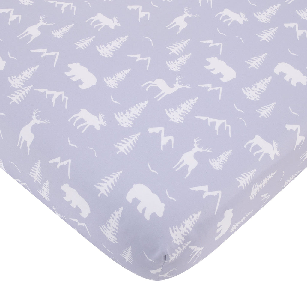 National Park Navy Buffalo Check, Gray, Blue, and Brown Camping Bear, Deer, and Fox 3 Piece Nursery Crib Bedding Set - Comforter, Fitted Crib Sheet, and Crib Skirt