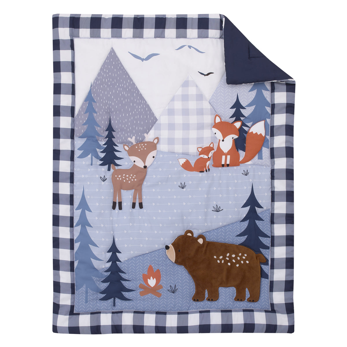 National Park Navy Buffalo Check, Gray, Blue, and Brown Camping Bear, Deer, and Fox 3 Piece Nursery Crib Bedding Set - Comforter, Fitted Crib Sheet, and Crib Skirt
