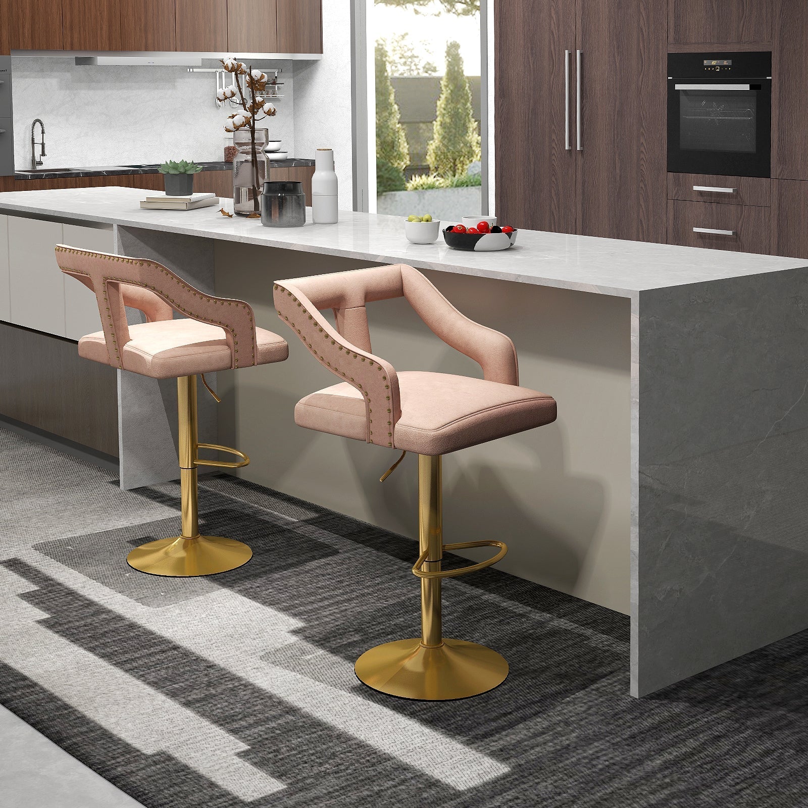 Set of 2 Bar Chairs with Footrest and 2-Layer Electroplated Metal Base