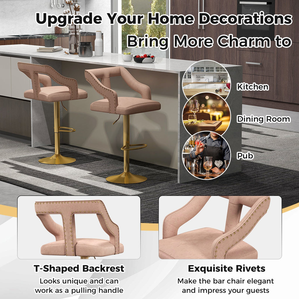 Set of 2 Bar Chairs with Footrest and 2-Layer Electroplated Metal Base