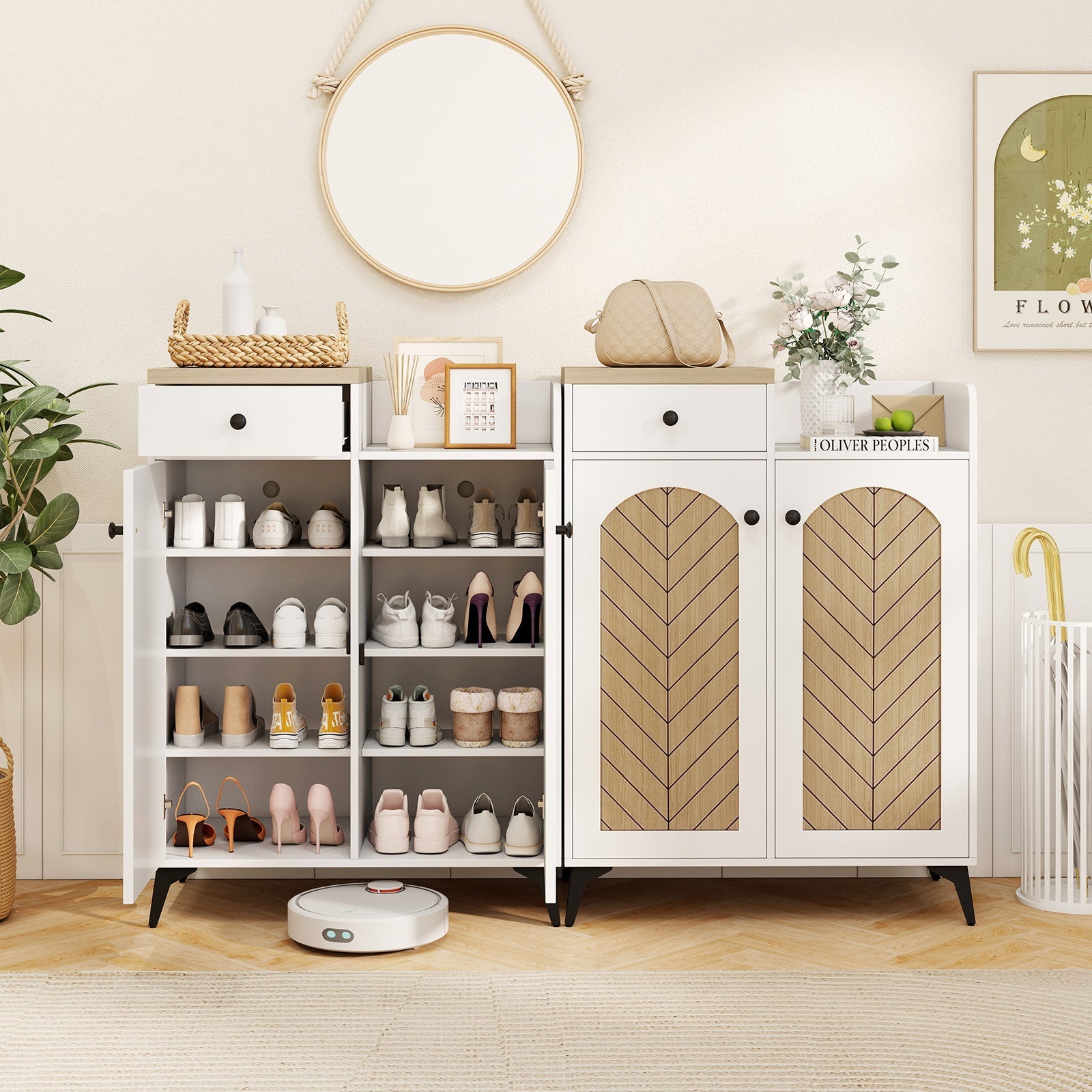 2-Door Shoe Rack Organizer with Drawer and 6 Removable Shelves-White
