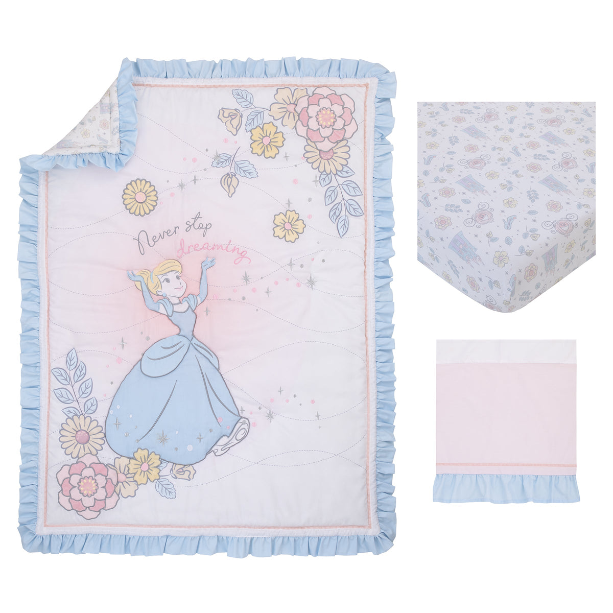 Disney Sweet Princess Light Blue, Pink, and White Cinderella 3 Piece Nursery Crib Bedding Set - Comforter, 100% Cotton Fitted Crib Sheet and Crib Skirt