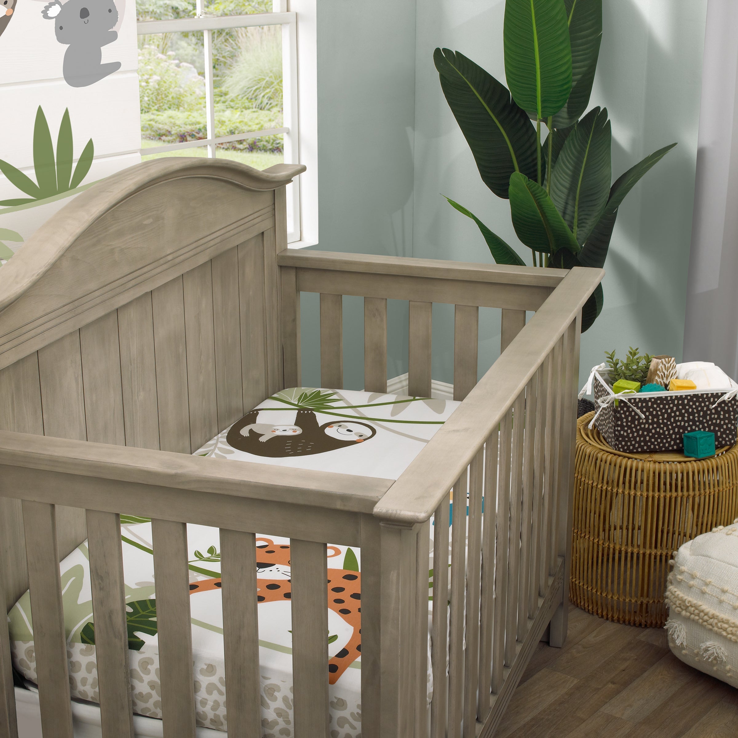 Jungle Gym Green, Brown, and Grey 100% Cotton Photo Op Nursery Fitted Crib Sheet