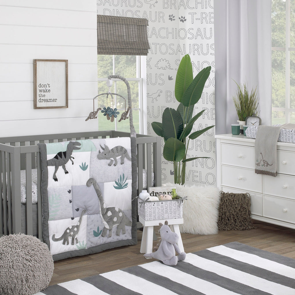 Baby-Saurus Photo Op ROAR White, Gray, and Green Dinosaur with Clouds Nursery Fitted Crib Sheet