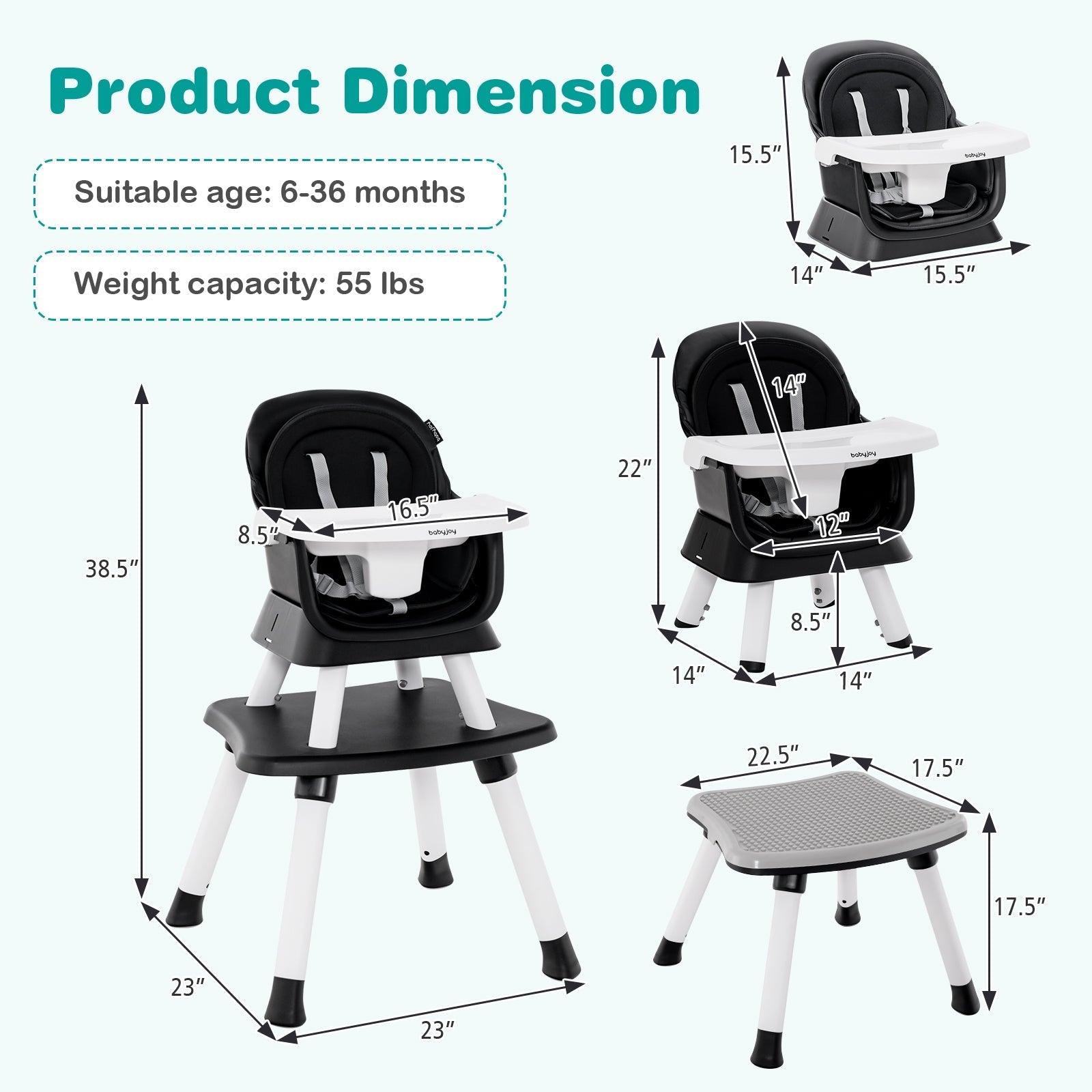 6-in-1 Convertible Baby High Chair with Adjustable Removable Tray