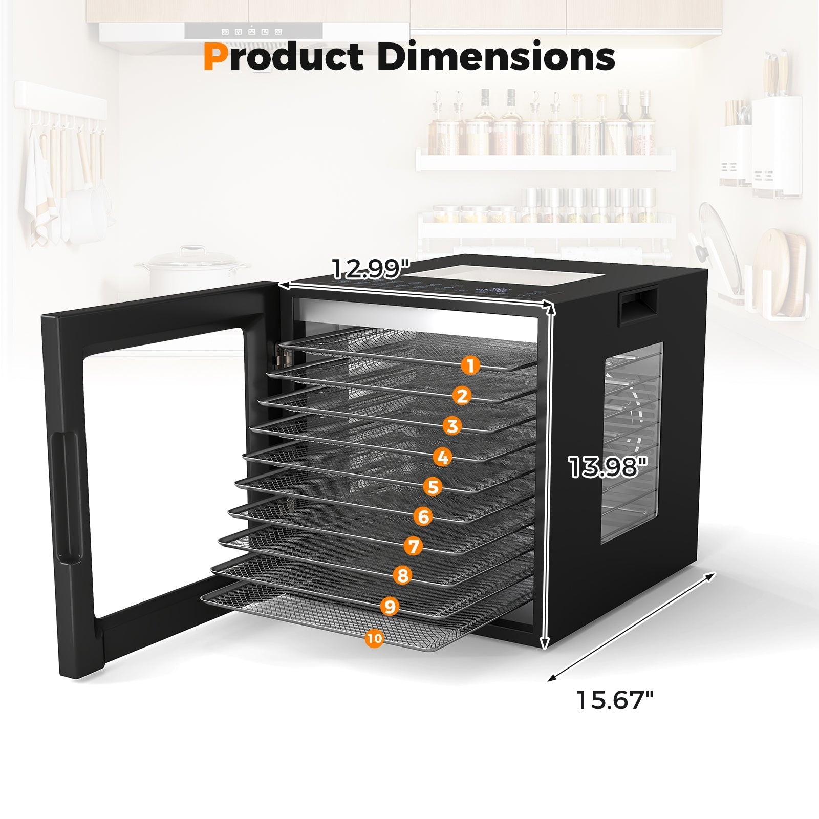 10 Stainless Steel Trays Dryer with 10 Presets-Black