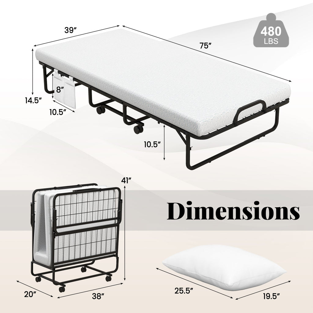 Cot Size Folding Bed with Memory Foam Mattress and Pillow