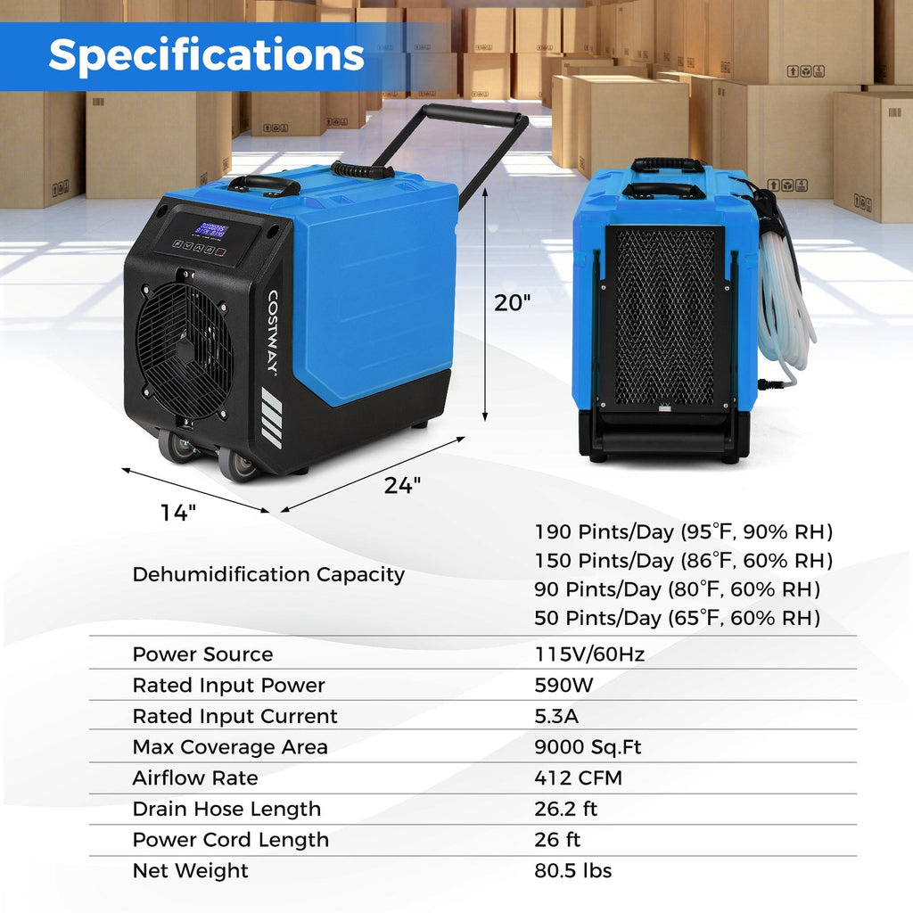 190 PPD Commercial Dehumidifier with Pump and 2 Wheels