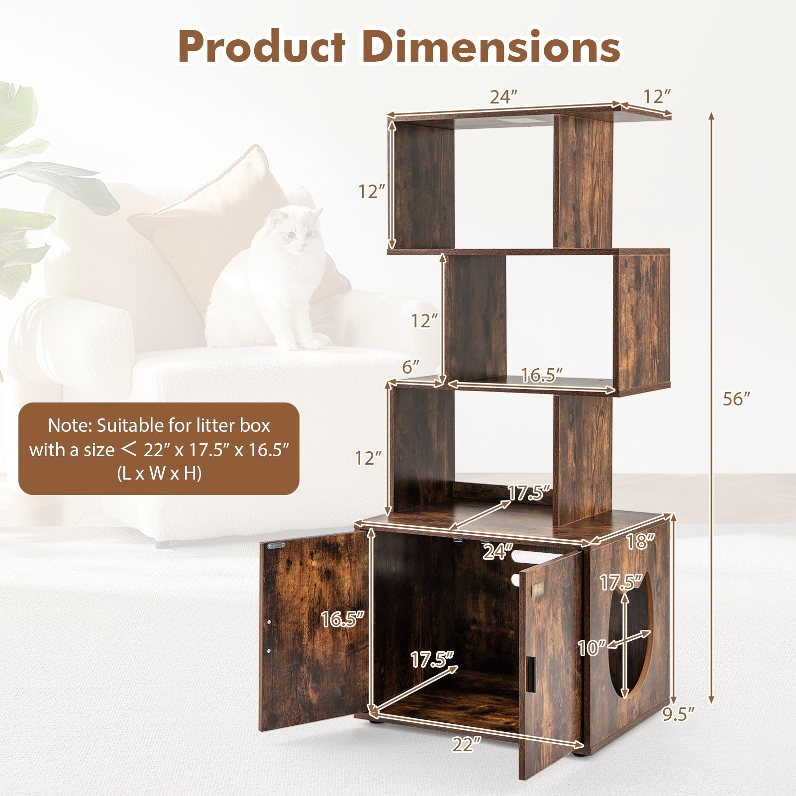 56 Inch Tall Cat Litter Box Enclosure with Storage