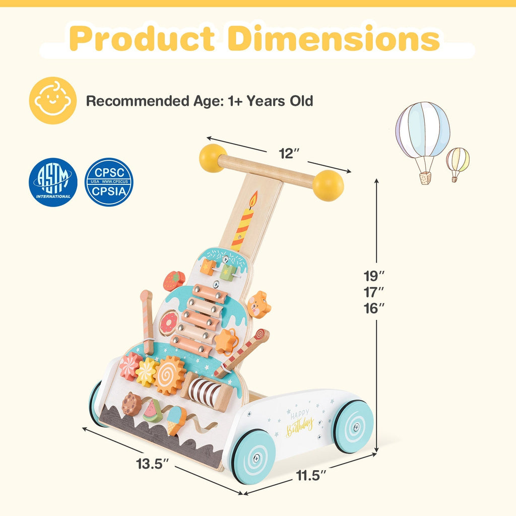Wooden Baby Walker with Adjustable Heights and Smooth Wheels-White