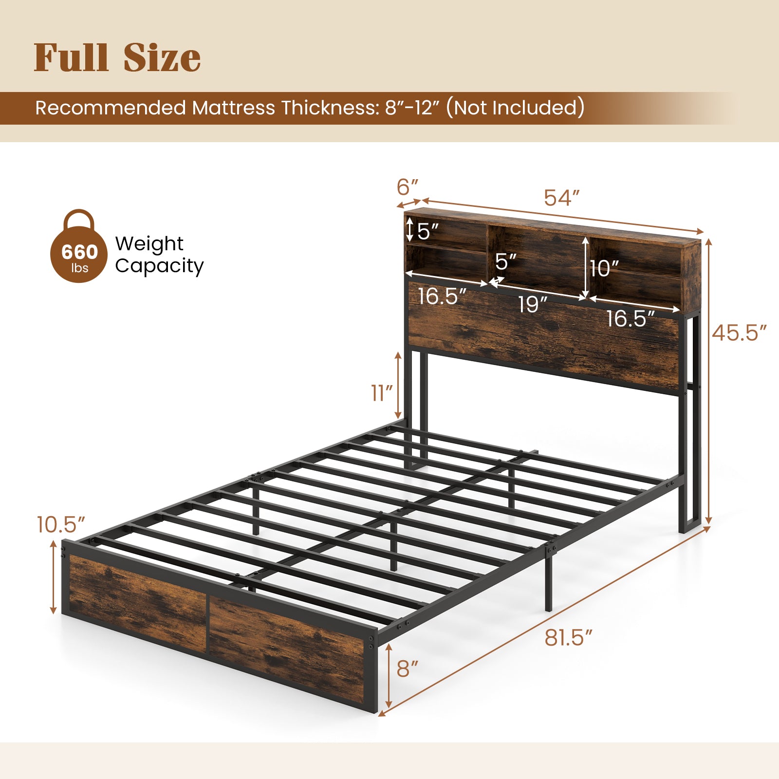 Twin/Full/Queen/King Size Bed Frame with Storage Headboard Industrial Metal Platform Bed