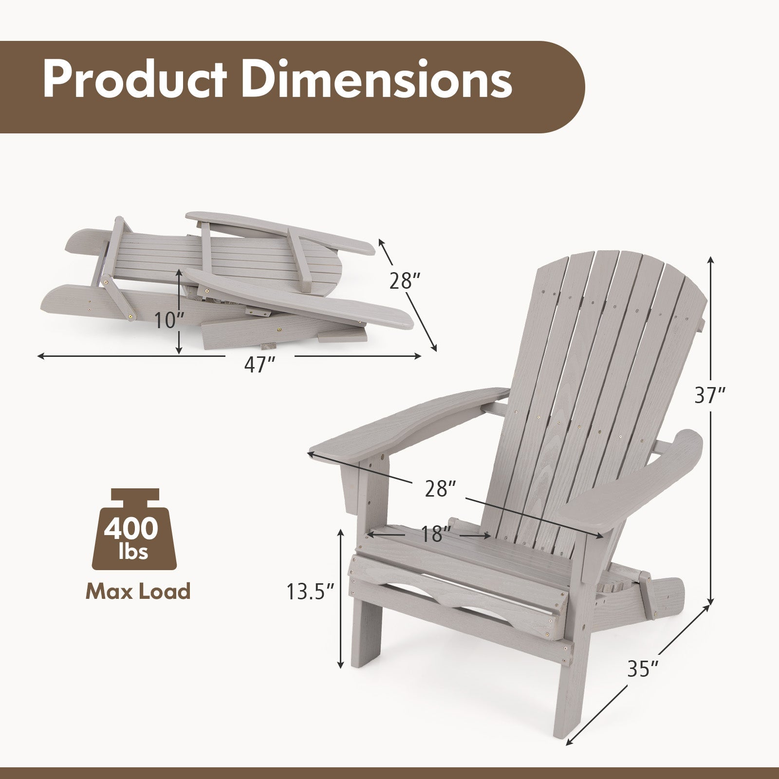 Folding Adirondack Chair Set of 2 with High Backrest and Wide Armrests