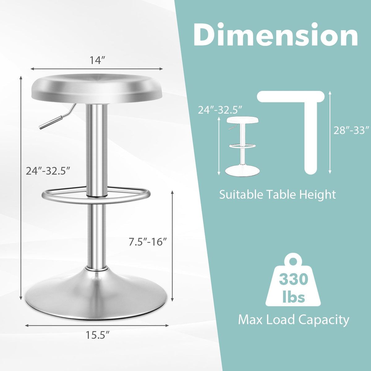 Modern Swivel Adjustable Height Bar Stool with Footrest for Pub Bistro Kitchen Dining