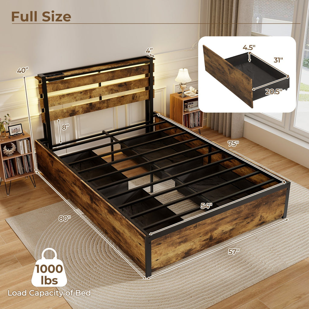 Full/Queen/Twin Size Bed Frame with Drawers LED Lights and USB Ports