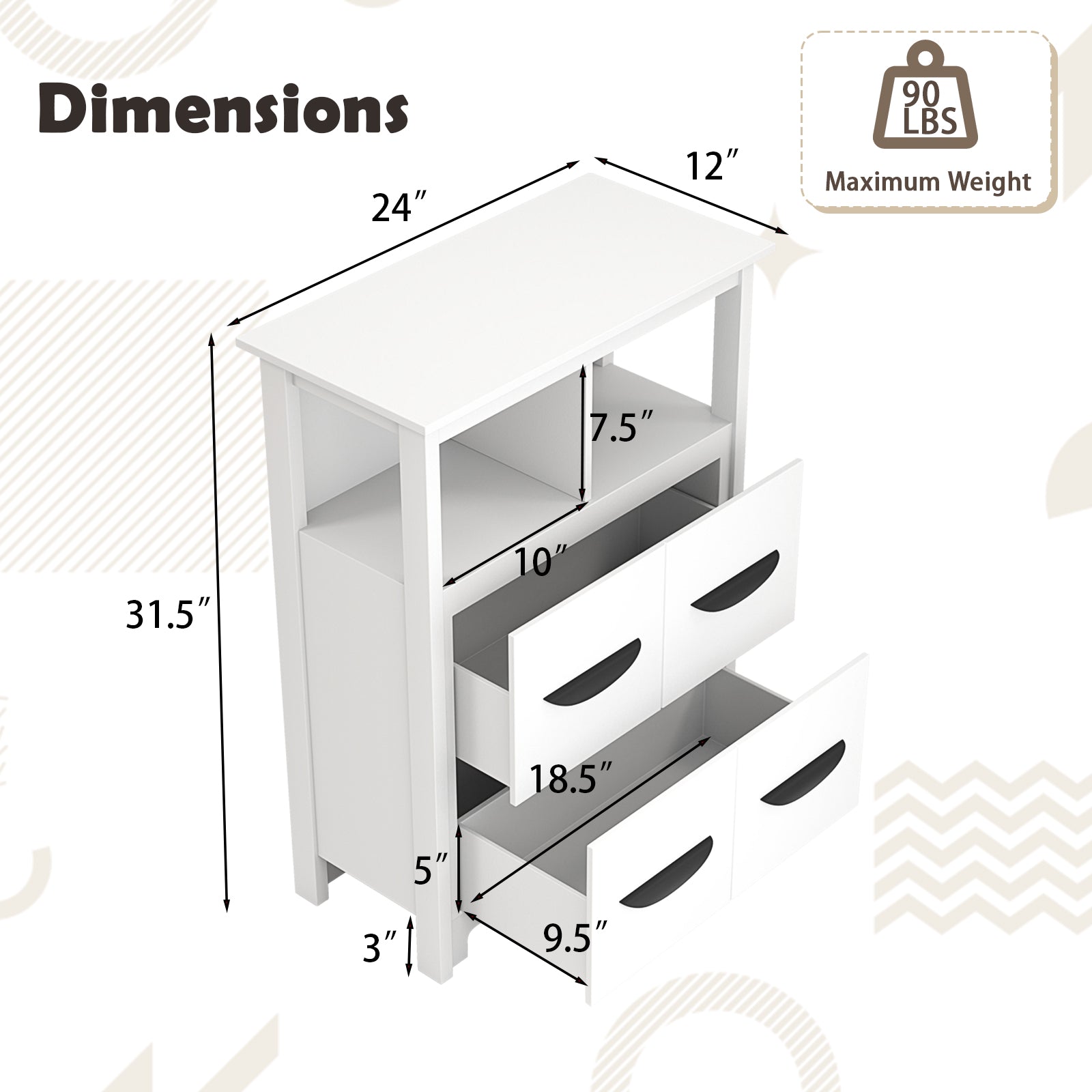 24 Inch Floor Cabinet with 2 Open Compartments and 2 Drawers-White
