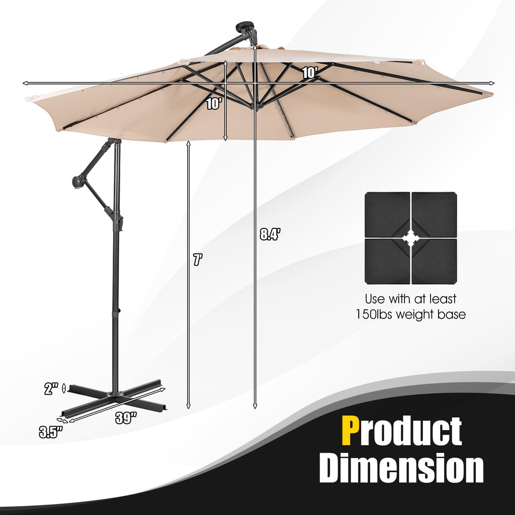 10 Feet Patio Solar Powered Cantilever Umbrella with Tilting System