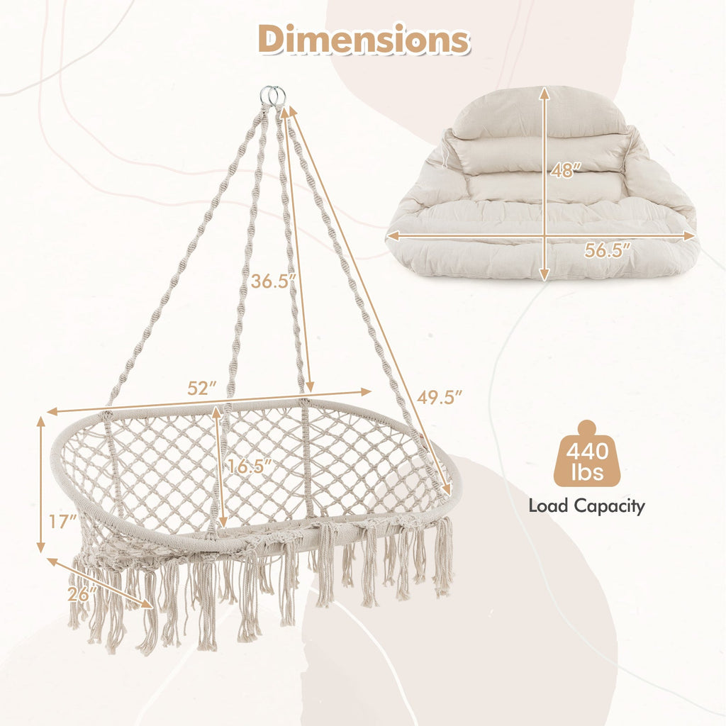 Hand-Woven Rope Hanging Chair with Cushion and Folding Frame
