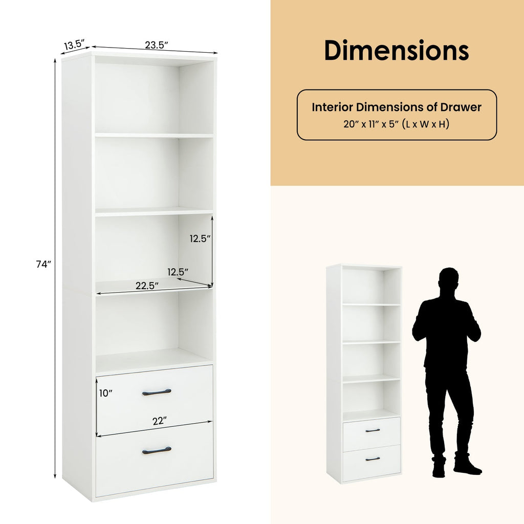 6-Tier Tall Freestanding Bookshelf with 4 Open Shelves and 2 Drawers