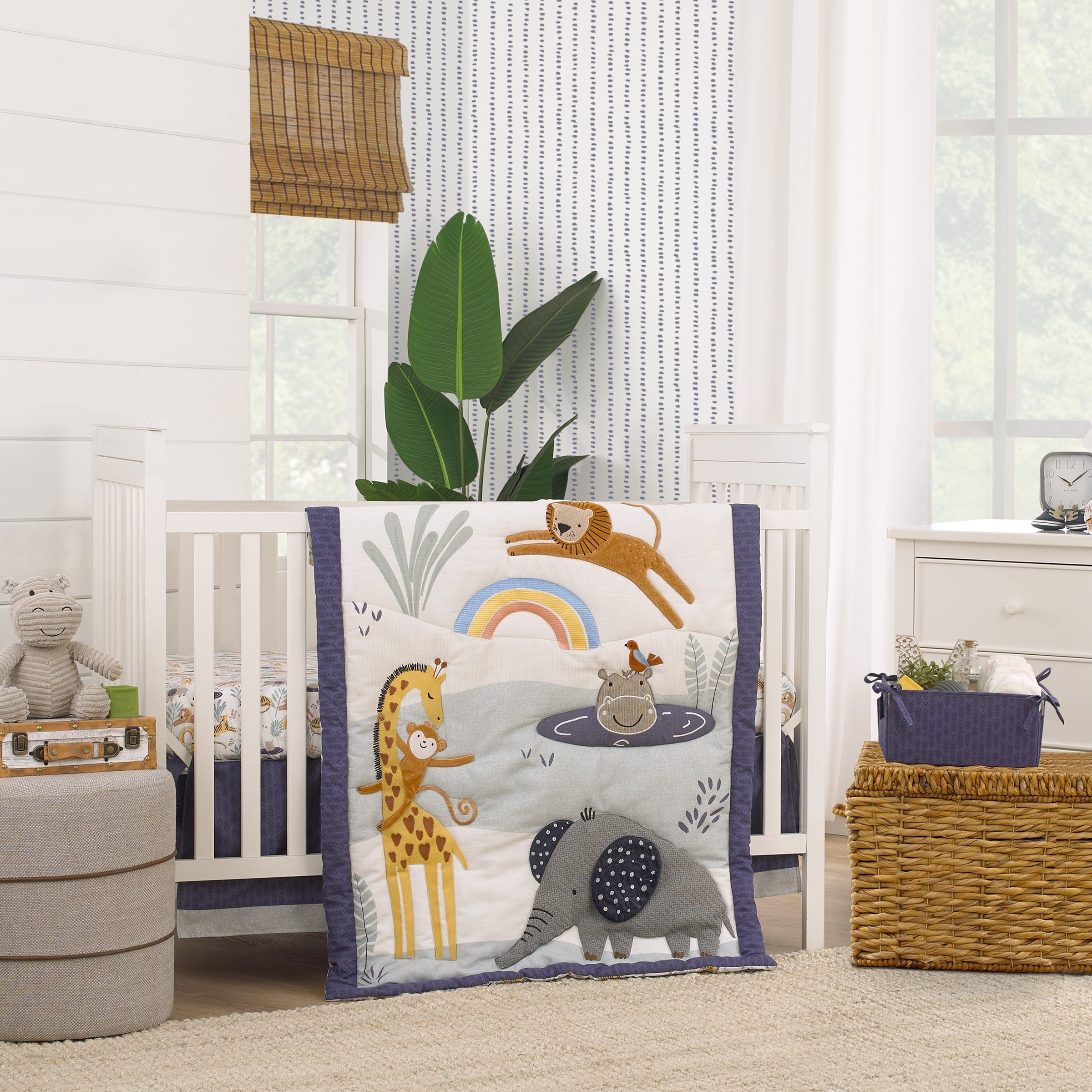 Wild Pals Navy, Gray, and Tan Safari Animals 4 Piece Nursery Crib Bedding Set - Comforter, 100% Cotton Fitted Crib Sheet, Crib Skirt and Nursery Organizer