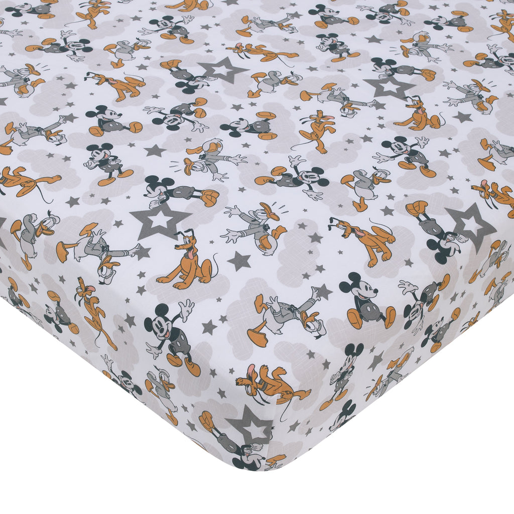 Mickey Mouse Love Mickey Gray, Navy, and Tan Donald Duck and Pluto, Clouds and Stars 3 Piece Nursery Crib Bedding Set - Comforter, Fitted Crib Sheet, and Crib Skirt