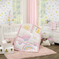 Happy Days Pink, White, and Yellow Rainbows and Sunshine 4 Piece Nursery Crib Bedding Set - Comforter, 100% Cotton Fitted Crib Sheet, Crib Skirt and Reversible Storage